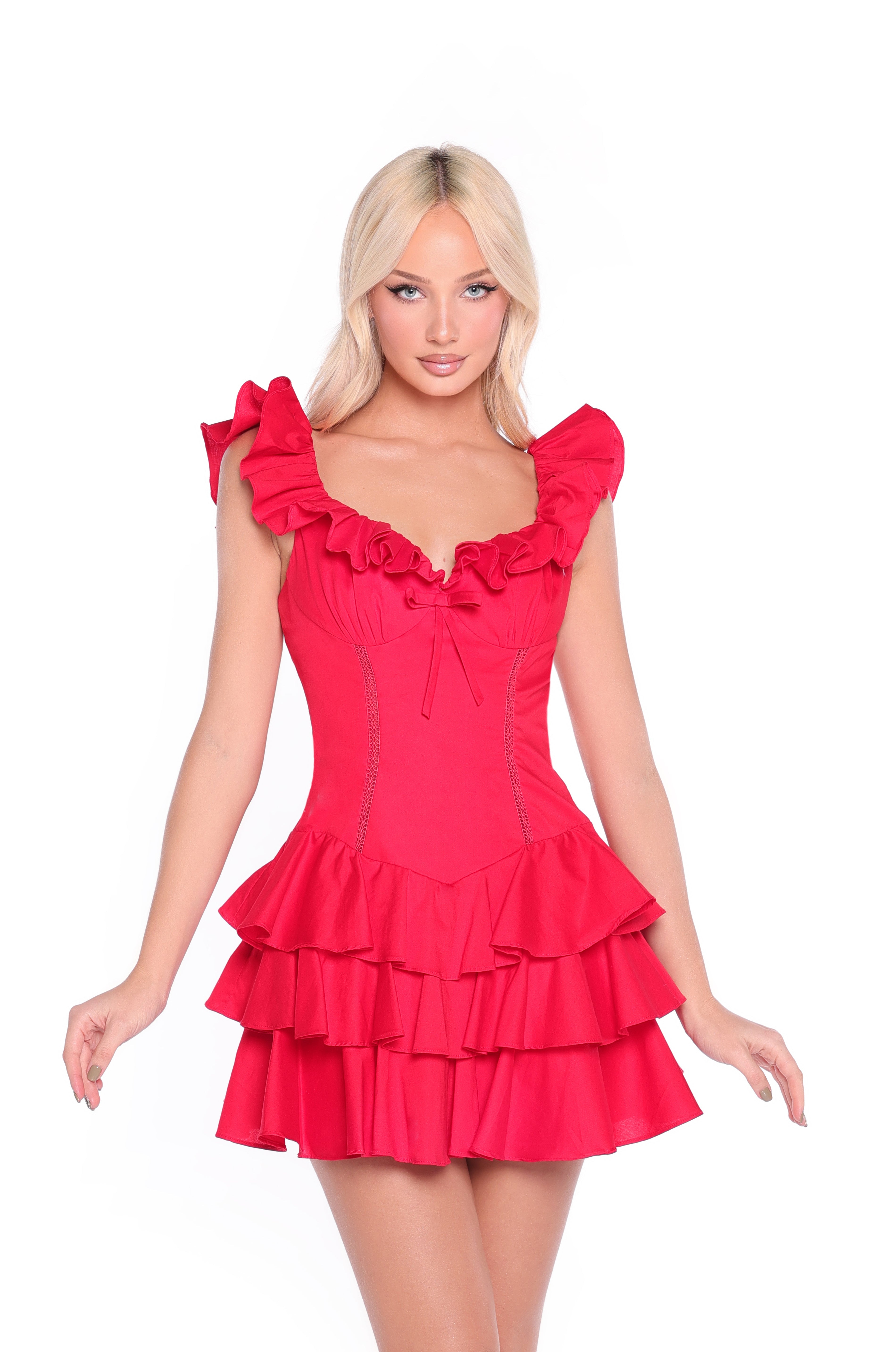 A woman models the Marilyn Ruffled Short Red Casual Party Dress with a fitted bodice and layered skirt, ideal for parties, against a white background.